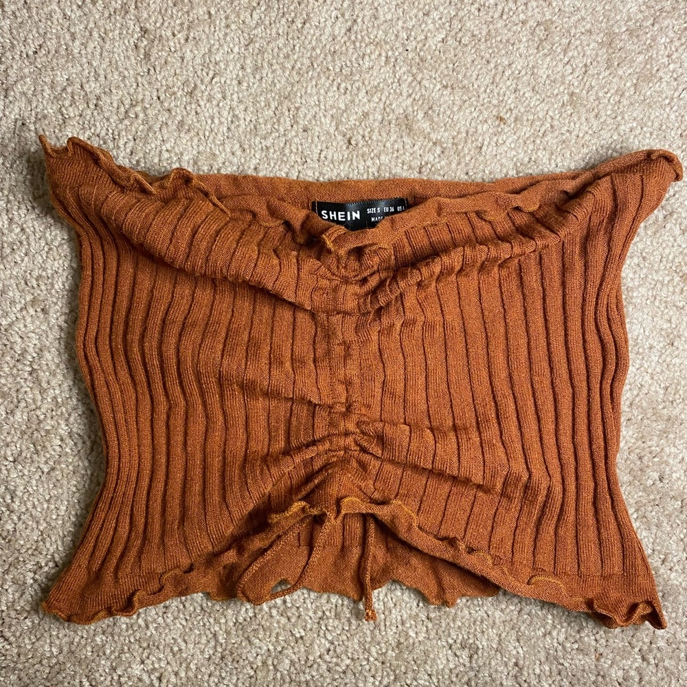 Lettuce Trim Drawstring Rib-knit Burnt Orange Bandeau Top
